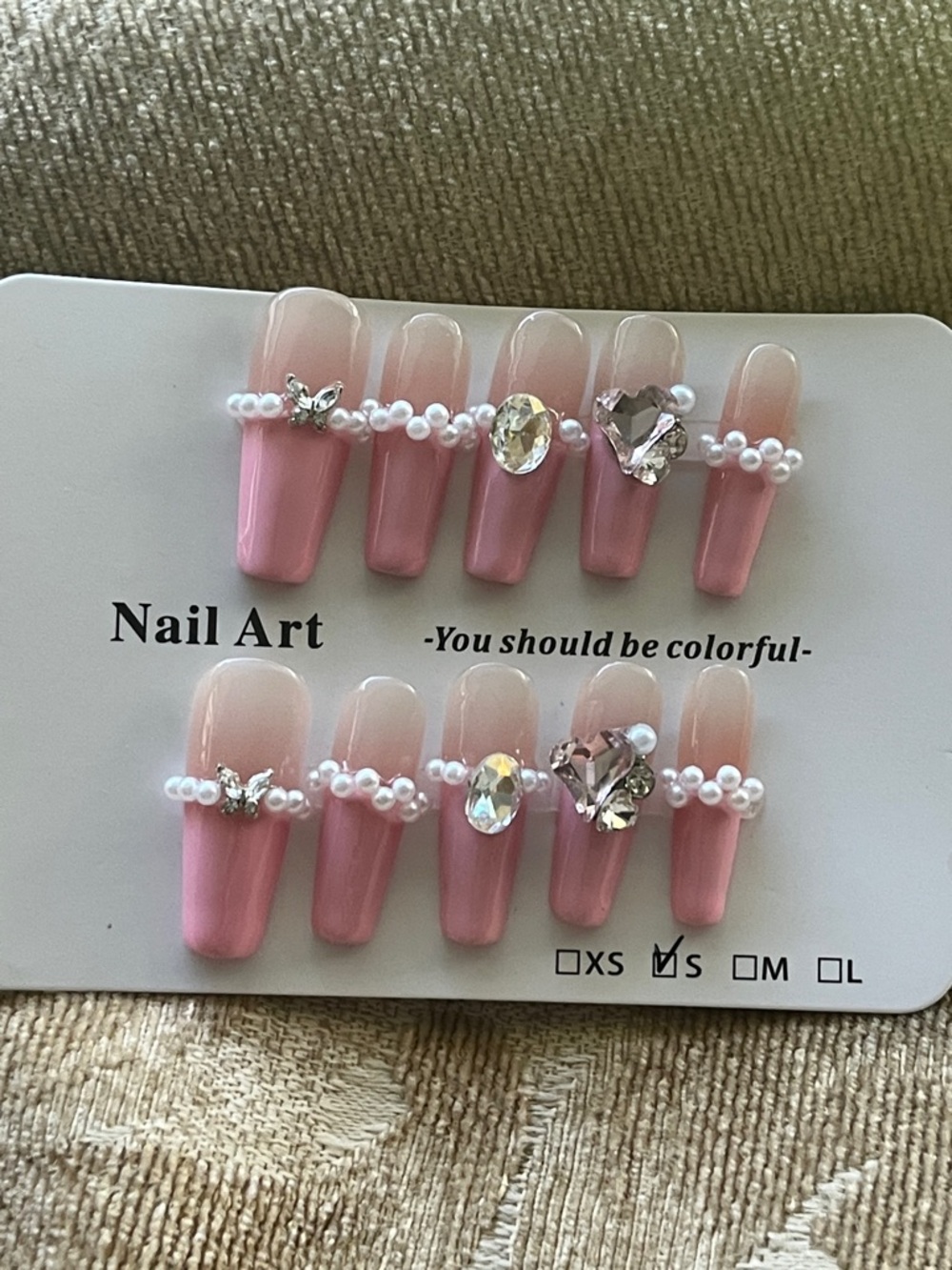 Pink Pearl & Rhinestone Press-On Nails